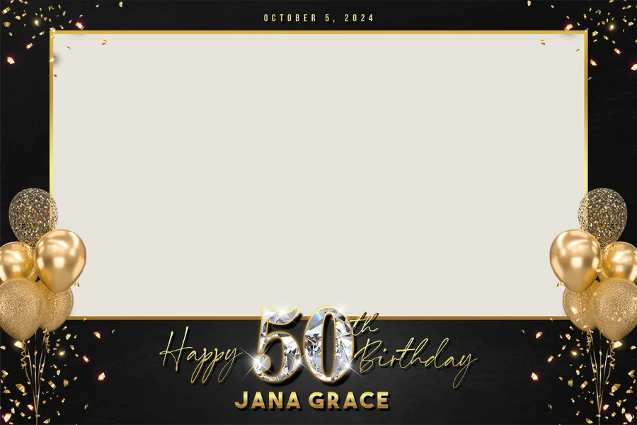 Template photobooth d'anniversaire 50 ans, décor noir et or avec ballons