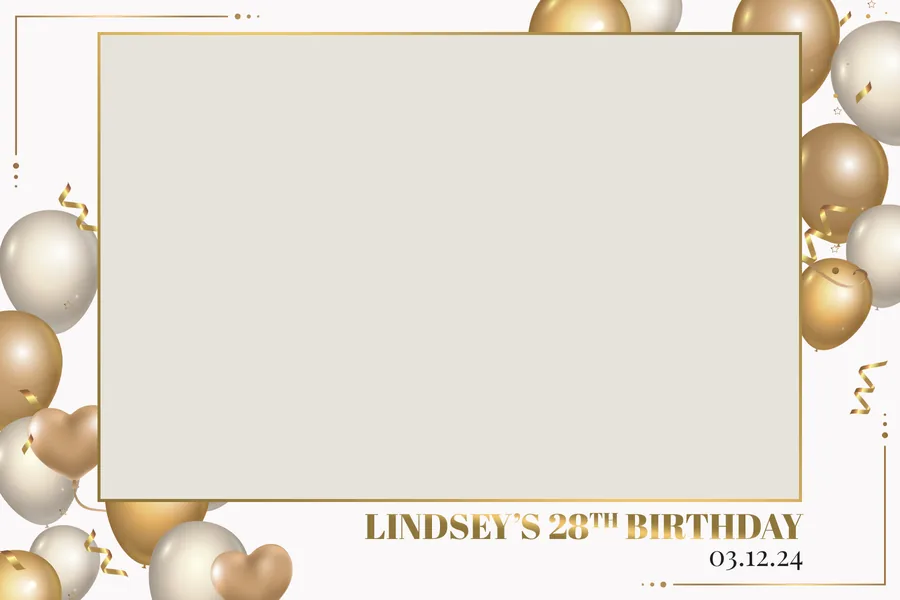 Template photobooth d'anniversaire aux ballons dorés, avec prénom et date