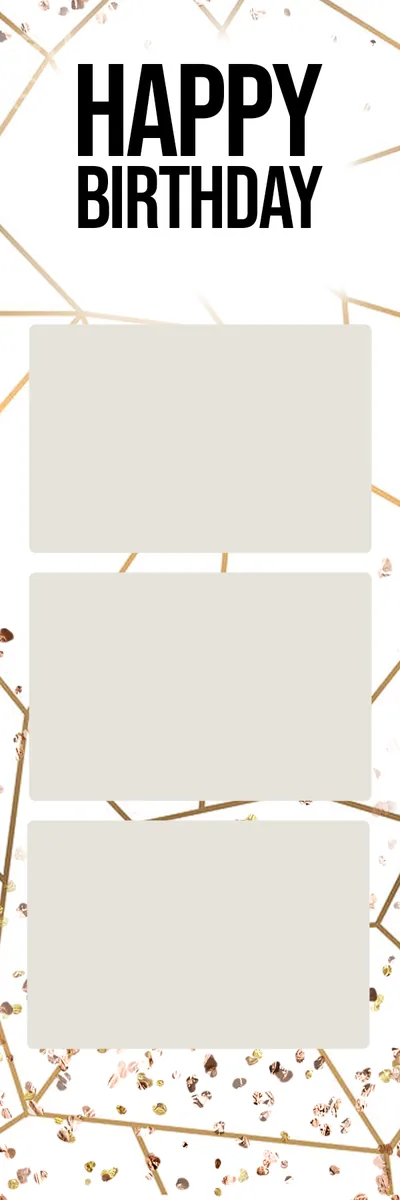 Template photobooth au format marque-page Happy Birthday, trois vignettes verticales